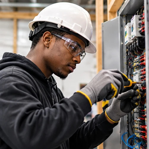 Electrician apprentice learning hands-on wiring skills