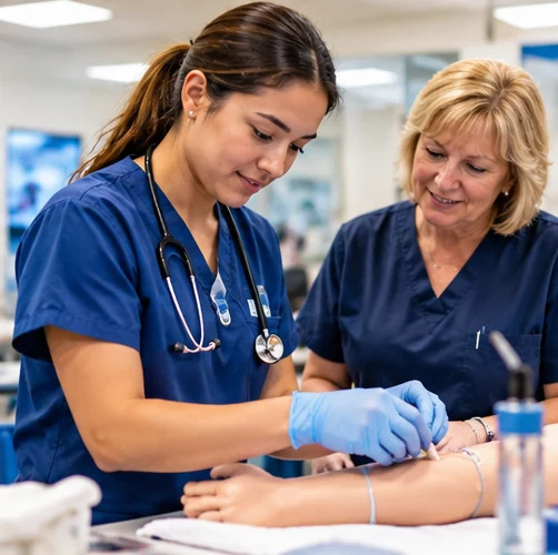 Healthcare trainee practices clinical skills alongside a mentor