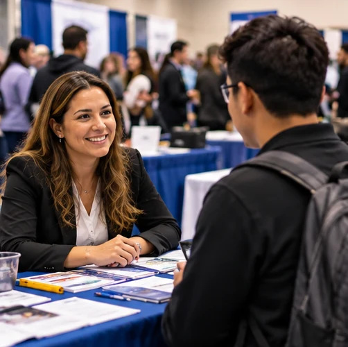 Recruiter and job seeker discussing opportunities at a career fair
