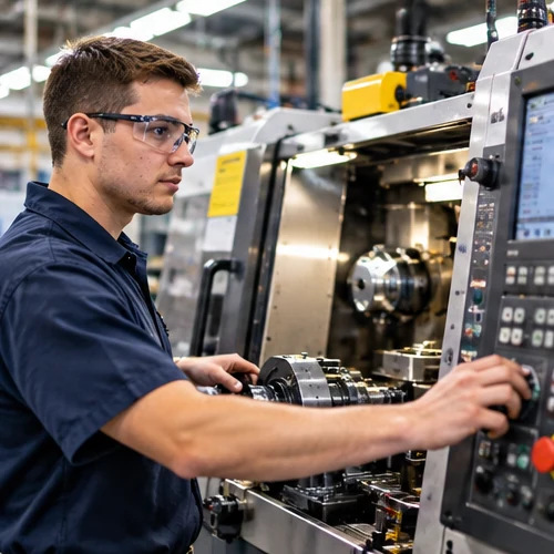 Technician using a CNC machine at a manufacturing facility